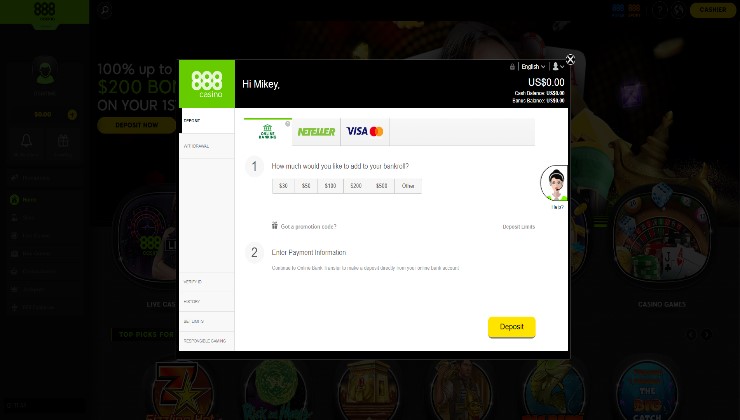 Cashier page of 888 casino Malaysia.