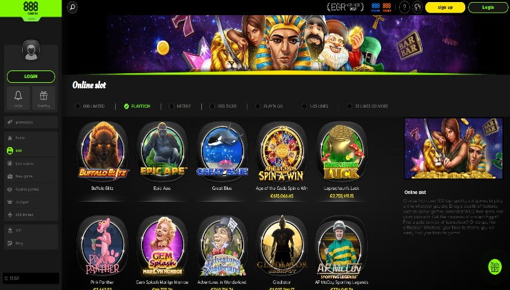 The 888 Casino site and various Playtech game releases