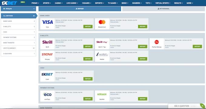 1xbet deposit methods