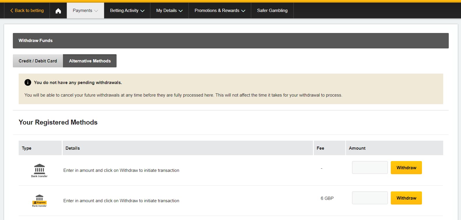 betfair withdrawals
