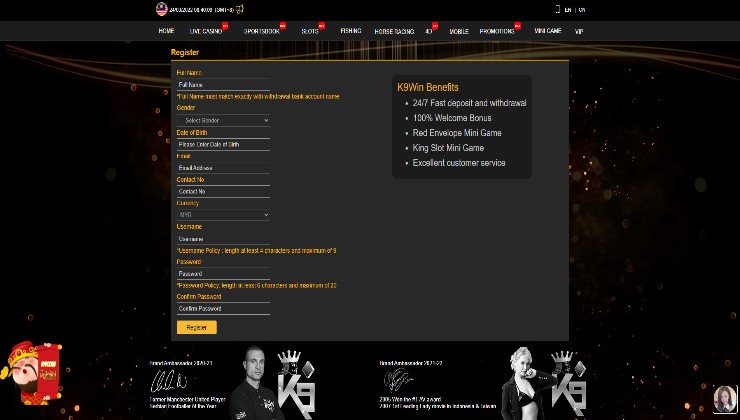 The sign-up form at the K9Win casino site