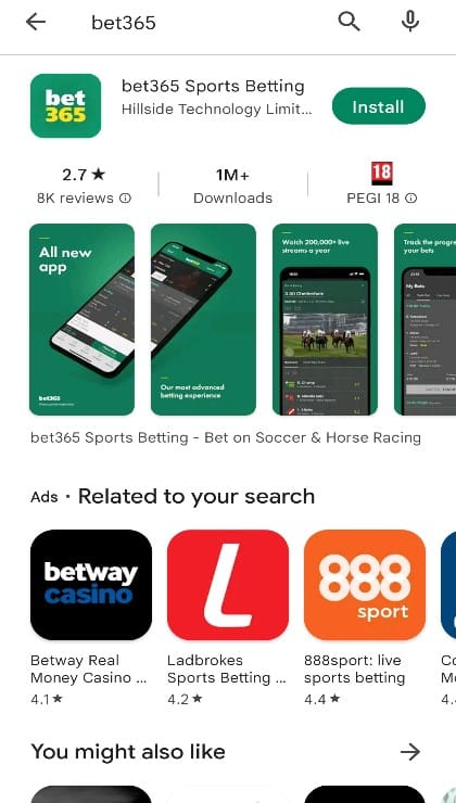 Bet365 app via the Google Play Store on Android