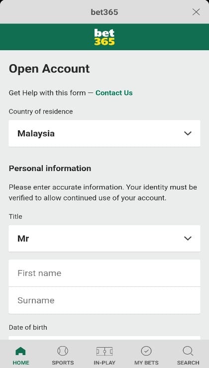 Registering for an account via the Bet365 mobile app