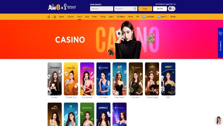The homepage of the live casino section at AW8