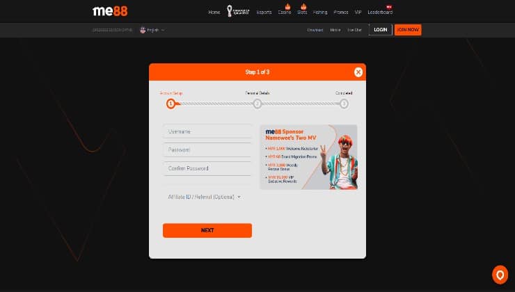 Signing up for an account at ME88 Casino
